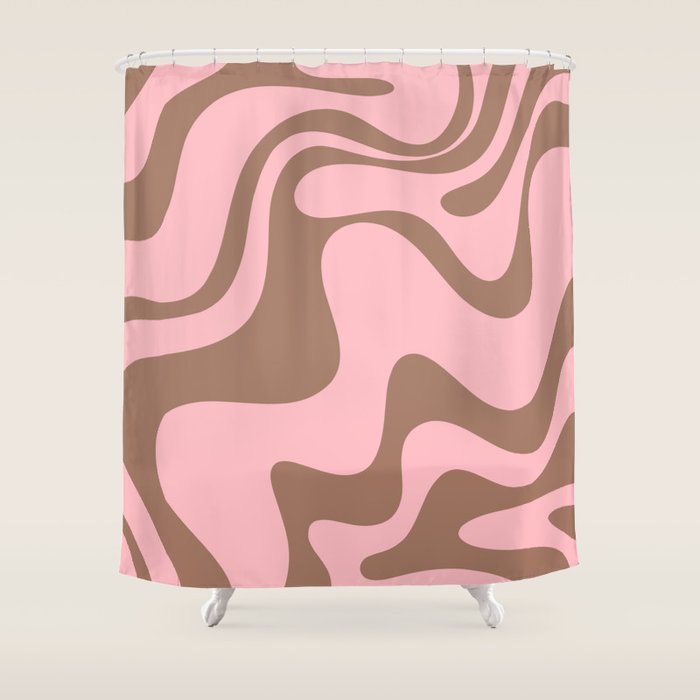 Retro Liquid Swirl Contemporary Abstract Pattern 2 in Mocha Brown and Pink Shower Curtain Gallery Image 1