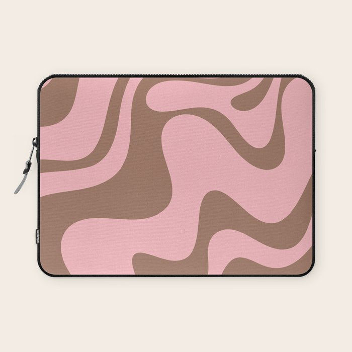 Retro Liquid Swirl Contemporary Abstract Pattern 2 in Mocha Brown and Pink Laptop Sleeve Gallery Image 1