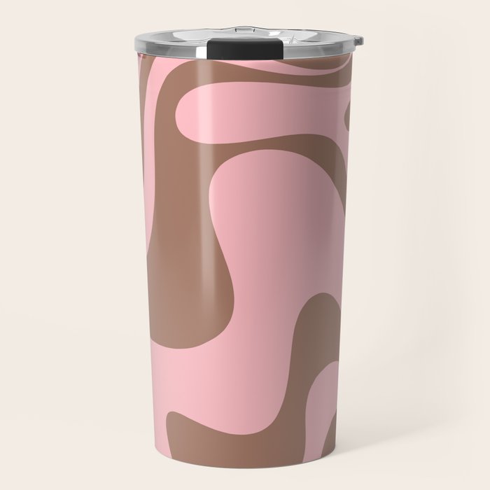Retro Liquid Swirl Contemporary Abstract Pattern 2 in Mocha Brown and Pink Travel Mug Gallery Image 1