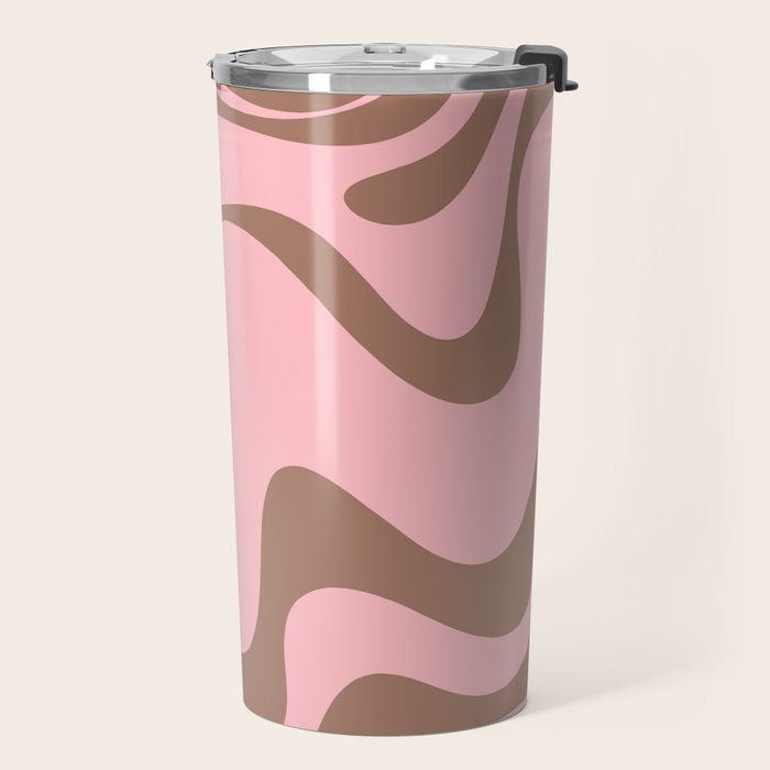 Retro Liquid Swirl Contemporary Abstract Pattern 2 in Mocha Brown and Pink Travel Mug Gallery Image 2