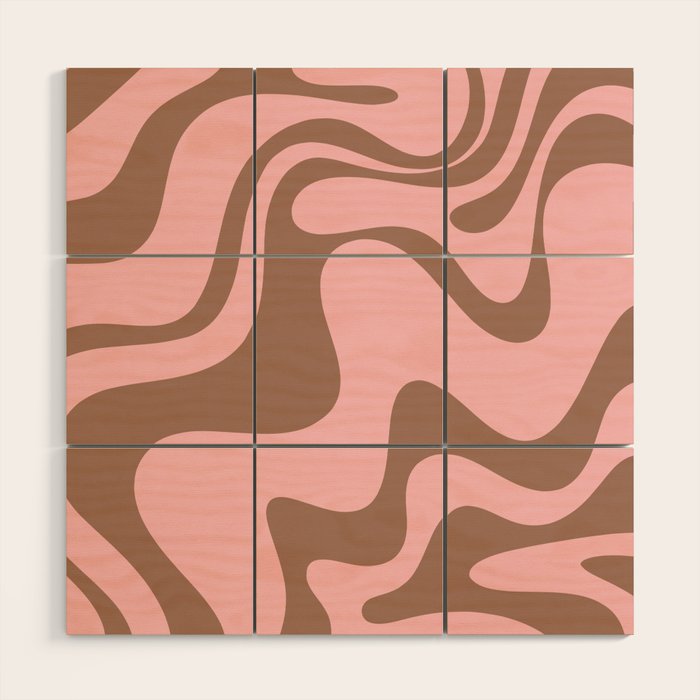 Retro Liquid Swirl Contemporary Abstract Pattern 2 in Mocha Brown and Pink Wood Wall Art Gallery Image 1