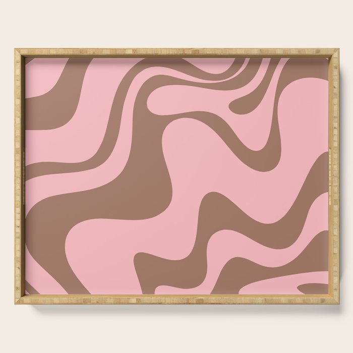 Retro Liquid Swirl Contemporary Abstract Pattern 2 in Mocha Brown and Pink Serving Tray Gallery Image 1