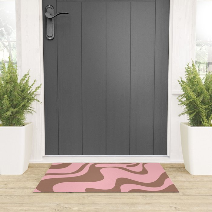 Retro Liquid Swirl Contemporary Abstract Pattern 2 in Mocha Brown and Pink Welcome Mat Gallery Image 3
