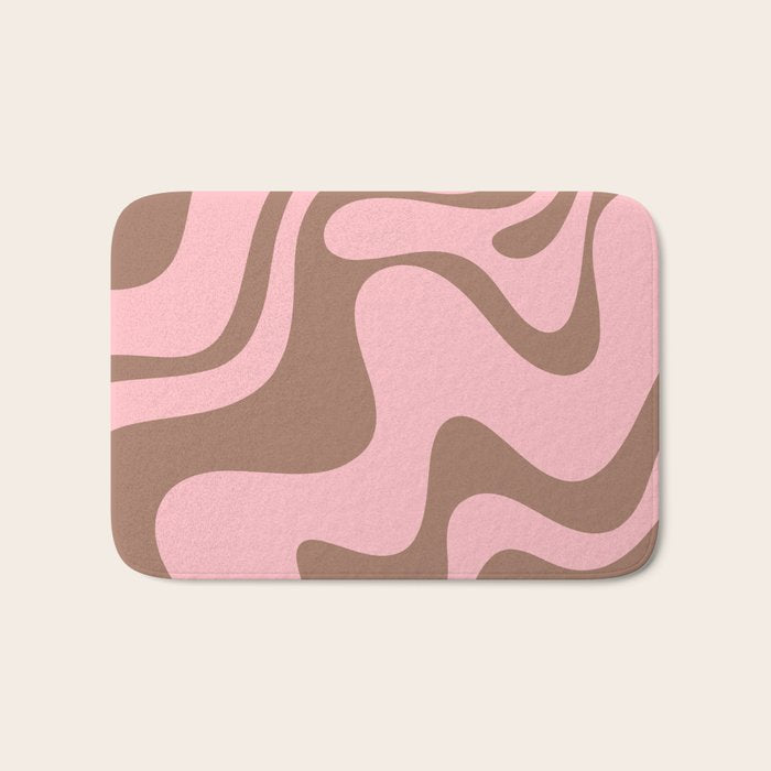 Retro Liquid Swirl Contemporary Abstract Pattern 2 in Mocha Brown and Pink Bath Mat Gallery Image 1