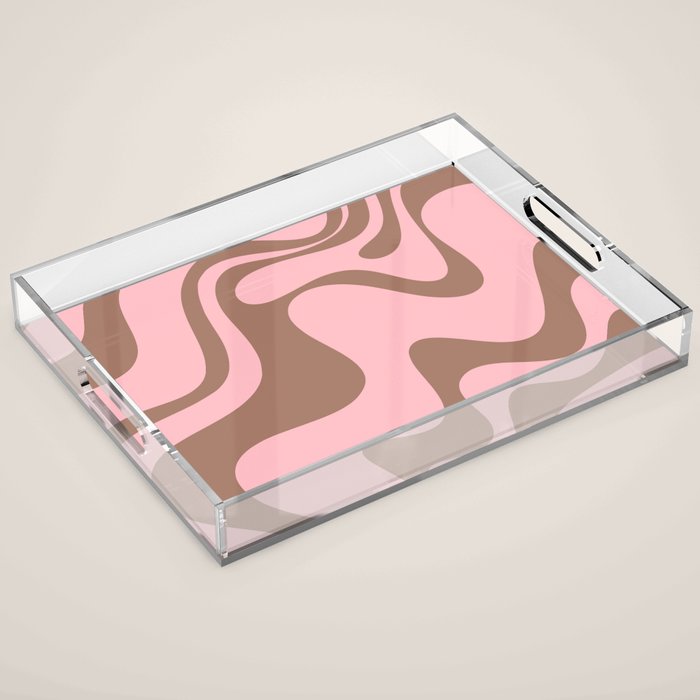 Retro Liquid Swirl Contemporary Abstract Pattern 2 in Mocha Brown and Pink Acrylic Tray Gallery Image 1