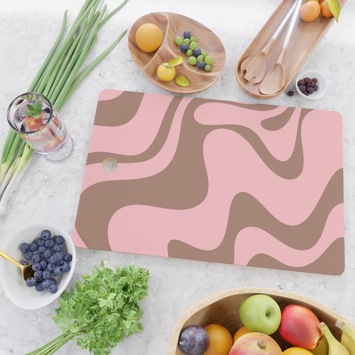 Retro Liquid Swirl Contemporary Abstract Pattern 2 in Mocha Brown and Pink Cutting Board Gallery Image 2