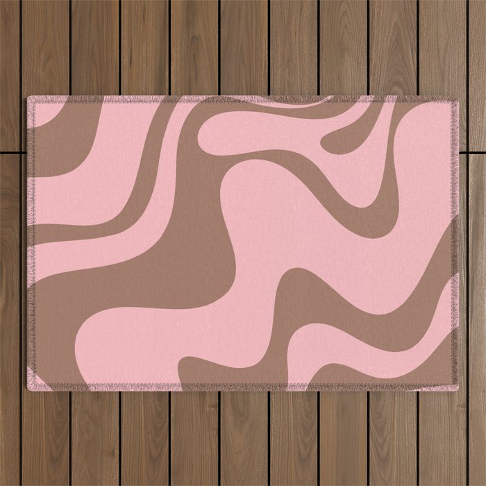 Retro Liquid Swirl Contemporary Abstract Pattern 2 in Mocha Brown and Pink Outdoor Rug Gallery Image 1