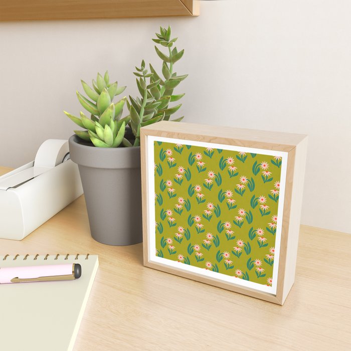 Pink Daisy Pattern - Green Mini Art Print Gallery Image 2