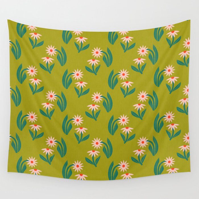 Pink Daisy Pattern - Green Wall Tapestry Gallery Image 4
