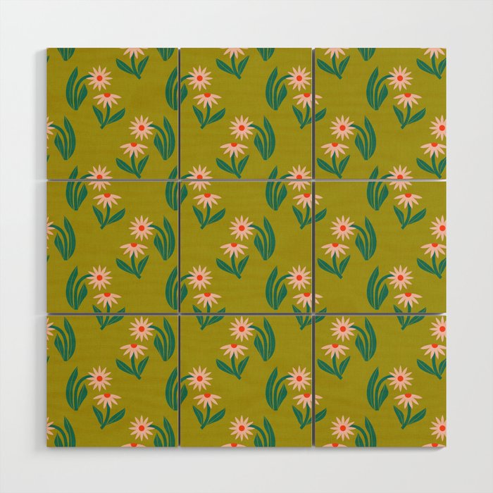 Pink Daisy Pattern - Green Wood Wall Art Gallery Image 1
