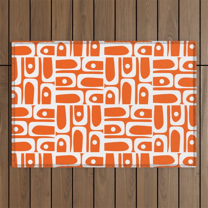 Mid Century Modern Piquet Abstract Multi Geometric Pattern Orange and White Outdoor Rug Gallery Image 1