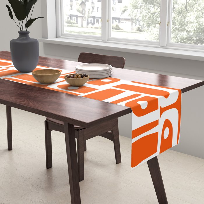 Mid Century Modern Piquet Abstract Multi Geometric Pattern Orange and White Table Runner Gallery Image 2