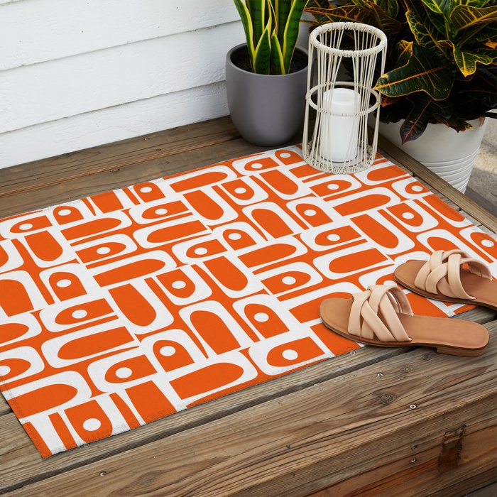 Mid Century Modern Piquet Abstract Multi Geometric Pattern Orange and White Outdoor Rug Gallery Image 2