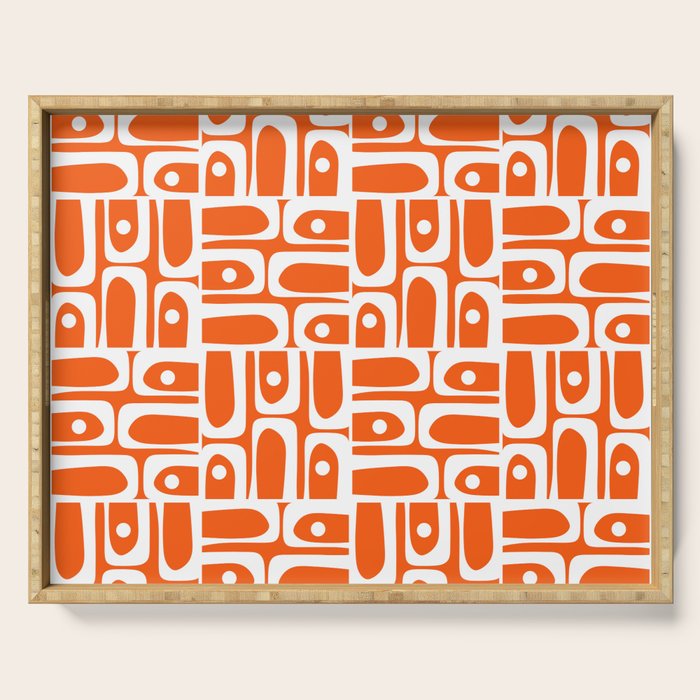 Mid Century Modern Piquet Abstract Multi Geometric Pattern Orange and White Serving Tray Gallery Image 1