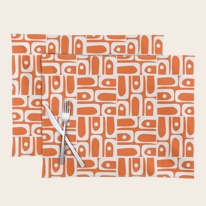 Mid Century Modern Piquet Abstract Multi Geometric Pattern Orange and White Placemat Gallery Image 1