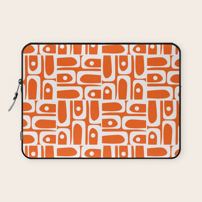 Mid Century Modern Piquet Abstract Multi Geometric Pattern Orange and White Laptop Sleeve Gallery Image 1