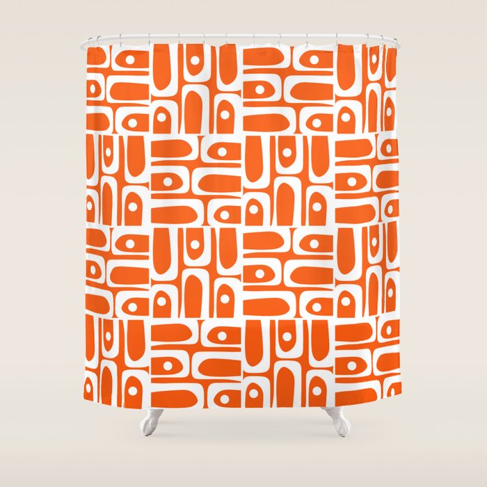 Mid Century Modern Piquet Abstract Multi Geometric Pattern Orange and White Shower Curtain Gallery Image 1