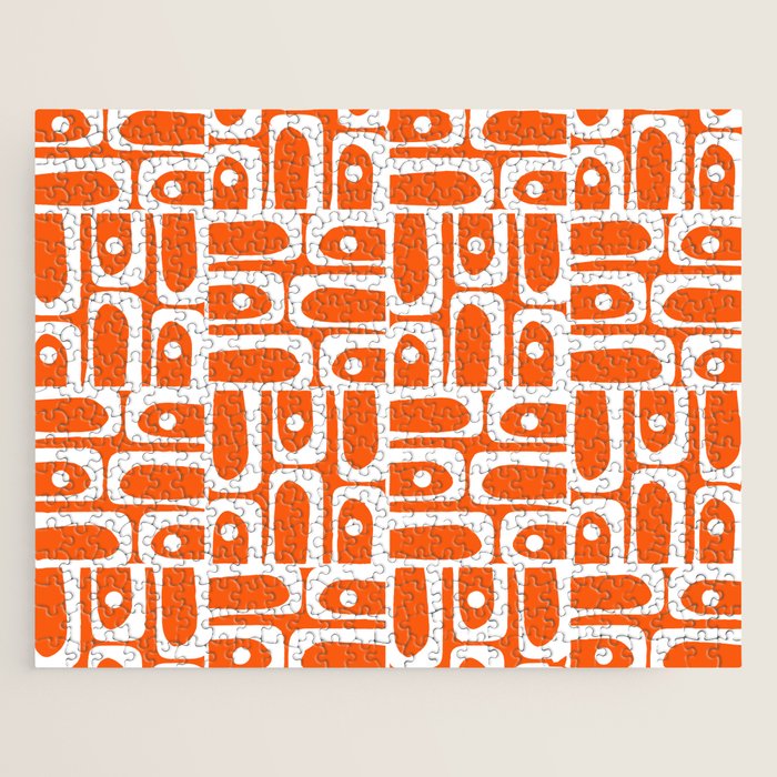 Mid Century Modern Piquet Abstract Multi Geometric Pattern Orange and White Jigsaw Puzzle Gallery Image 1