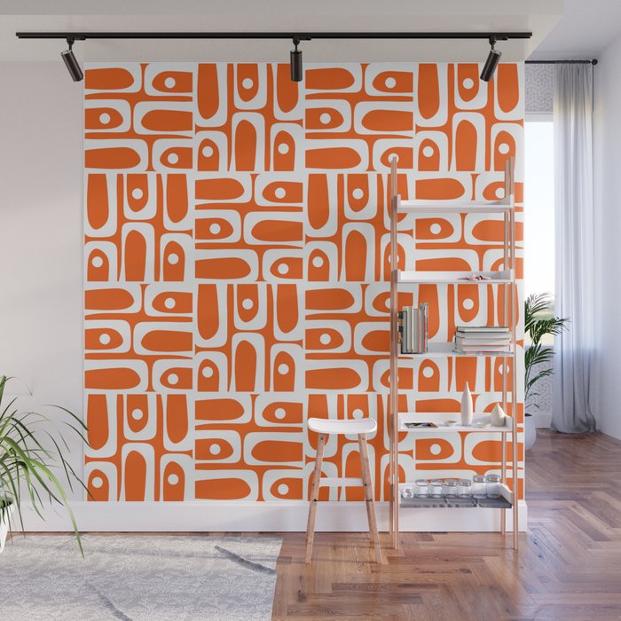 Mid Century Modern Piquet Abstract Multi Geometric Pattern Orange and White Wall Mural Gallery Image 1