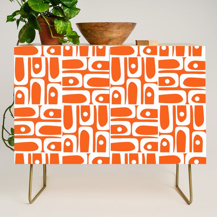Mid Century Modern Piquet Abstract Multi Geometric Pattern Orange and White Credenza Gallery Image 1