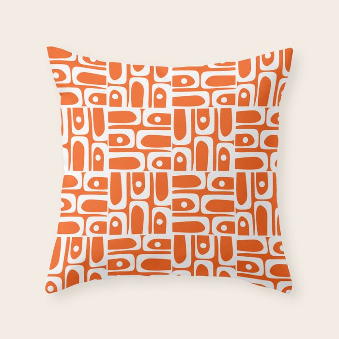 Mid Century Modern Piquet Abstract Multi Geometric Pattern Orange and White Throw Pillow Gallery Image 6