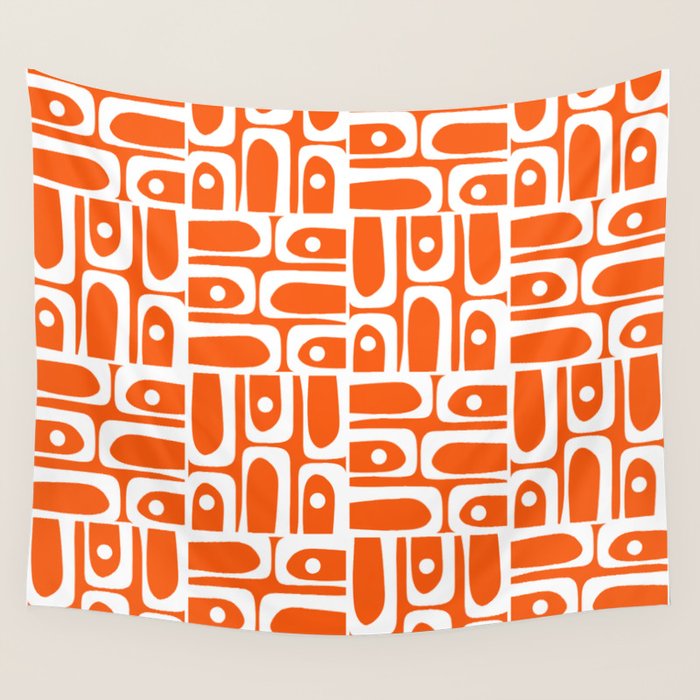 Mid Century Modern Piquet Abstract Multi Geometric Pattern Orange and White Wall Tapestry Gallery Image 4
