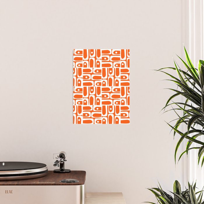 Mid Century Modern Piquet Abstract Multi Geometric Pattern Orange and White Poster Gallery Image 2