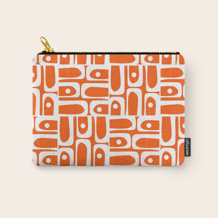 Mid Century Modern Piquet Abstract Multi Geometric Pattern Orange and White Carry All Pouch Gallery Image 1