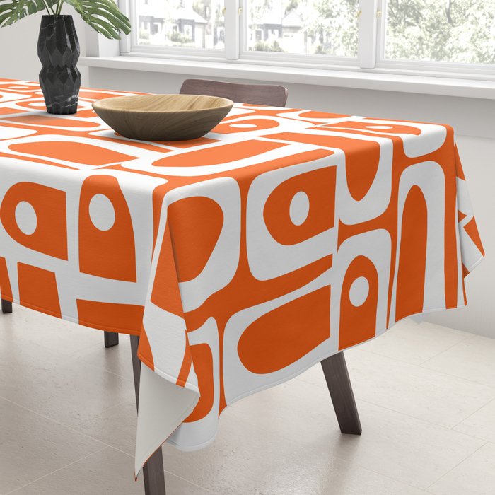 Mid Century Modern Piquet Abstract Multi Geometric Pattern Orange and White Tablecloth Gallery Image 3