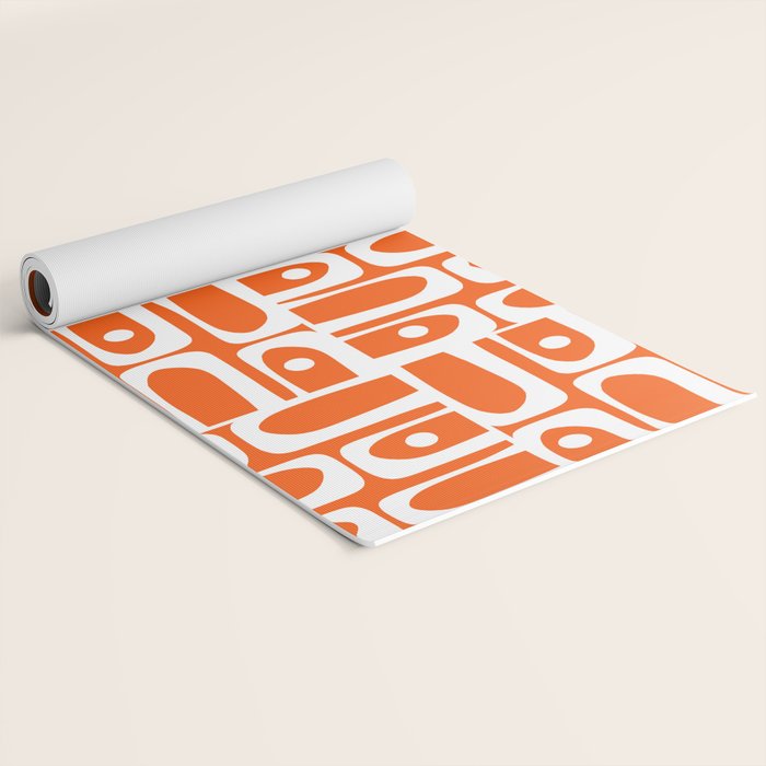 Mid Century Modern Piquet Abstract Multi Geometric Pattern Orange and White Yoga Mat Gallery Image 2