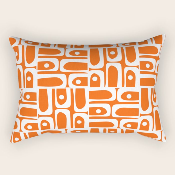 Mid Century Modern Piquet Abstract Multi Geometric Pattern Orange and White Rectangular Pillow Gallery Image 1