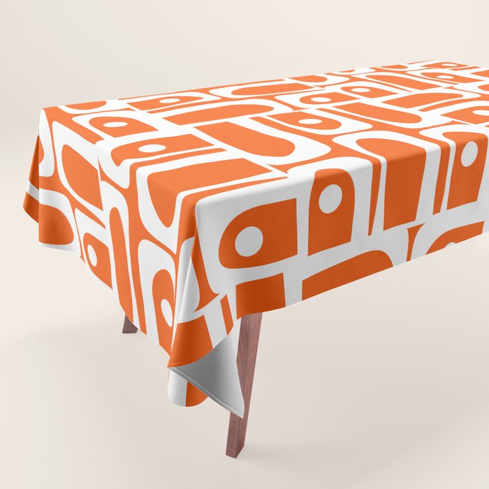 Mid Century Modern Piquet Abstract Multi Geometric Pattern Orange and White Tablecloth Gallery Image 1