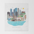 Boston Skyline Illustration Throw Blanket Gallery Image 2