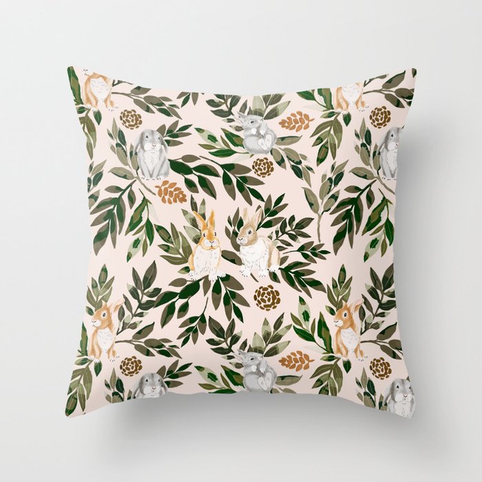 Rabbits in the green forest Throw Pillow Gallery Image 6