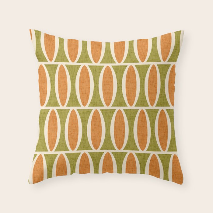 Retro Vintage 1950s Style Geometric Oval Pattern 228 Googie Orange Olive Green Throw Pillow Gallery Image 1