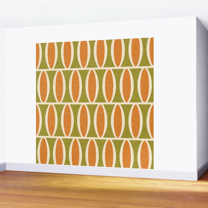 Retro Vintage 1950s Style Geometric Oval Pattern 228 Googie Orange Olive Green Wall Mural Gallery Image 2