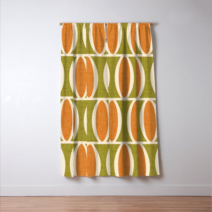 Retro Vintage 1950s Style Geometric Oval Pattern 228 Googie Orange Olive Green Window Curtain Gallery Image 3
