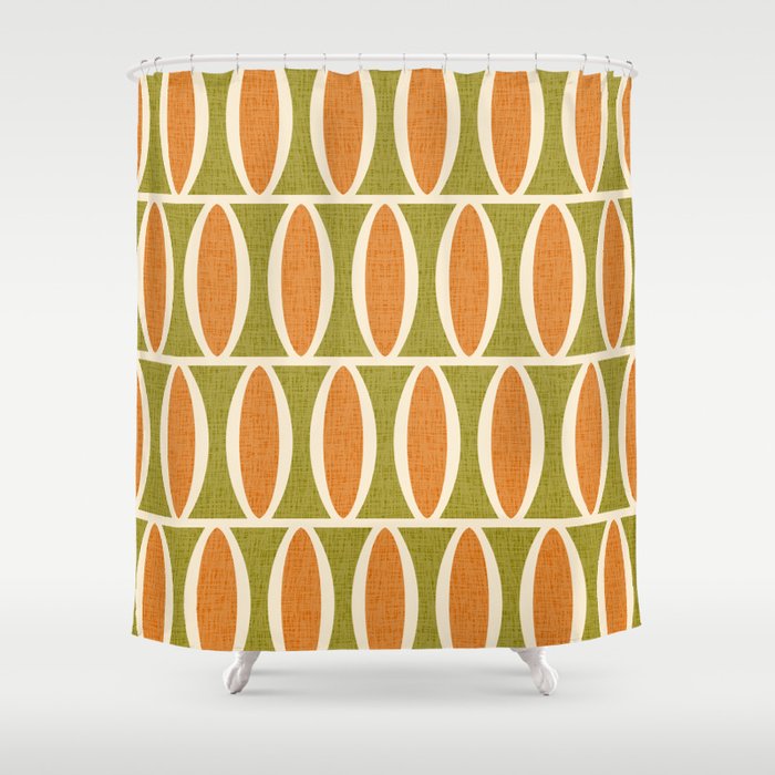 Retro Vintage 1950s Style Geometric Oval Pattern 228 Googie Orange Olive Green Shower Curtain Gallery Image 1