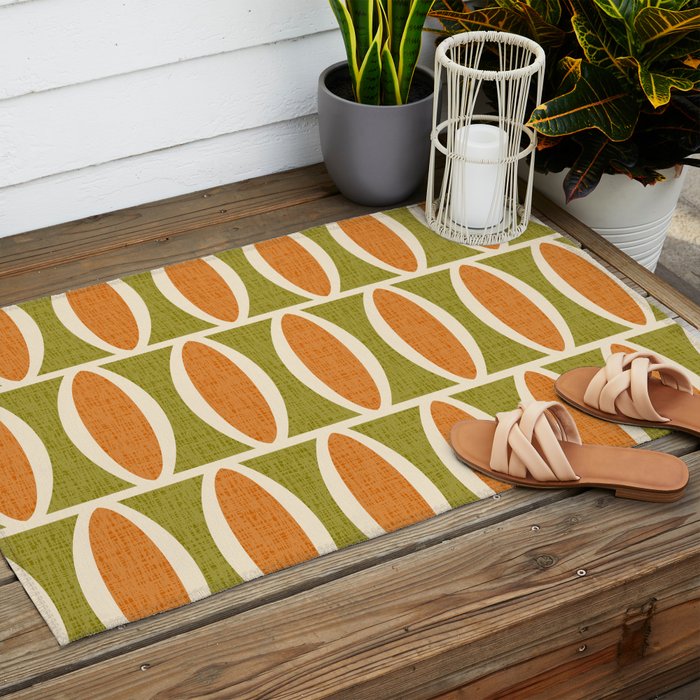 Retro Vintage 1950s Style Geometric Oval Pattern 228 Googie Orange Olive Green Outdoor Rug Gallery Image 2