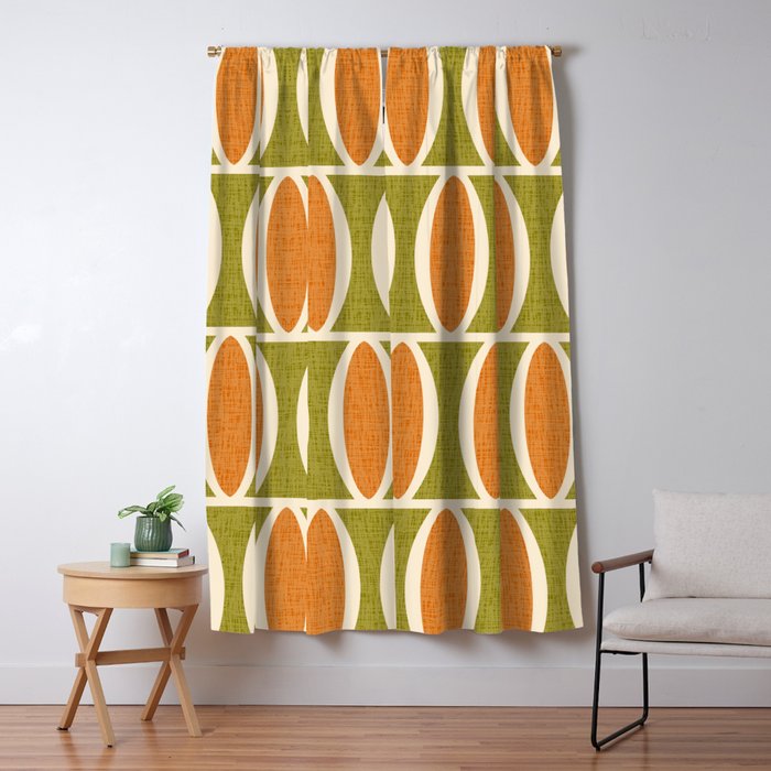 Retro Vintage 1950s Style Geometric Oval Pattern 228 Googie Orange Olive Green Window Curtain Gallery Image 5