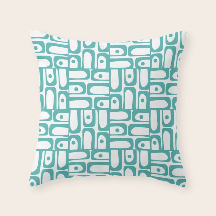 Mid Century Modern Piquet Geometric Multi Pattern in Turquoise and White Throw Pillow Gallery Image 6
