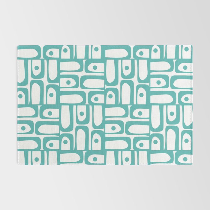Mid Century Modern Piquet Geometric Multi Pattern in Turquoise and White Rug Gallery Image 2