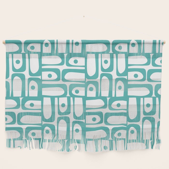 Mid Century Modern Piquet Geometric Multi Pattern in Turquoise and White Wall Hanging Gallery Image 1