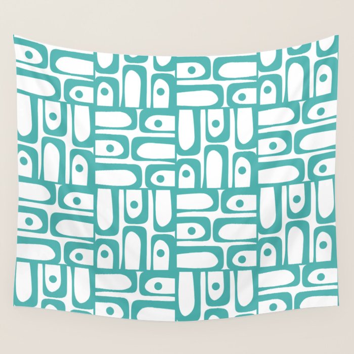 Mid Century Modern Piquet Geometric Multi Pattern in Turquoise and White Wall Tapestry Gallery Image 4