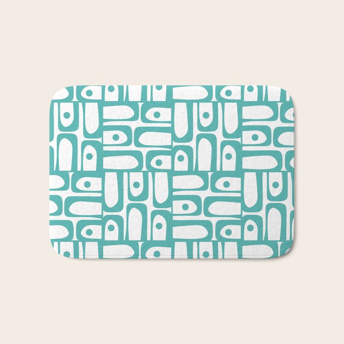 Mid Century Modern Piquet Geometric Multi Pattern in Turquoise and White Bath Mat Gallery Image 1