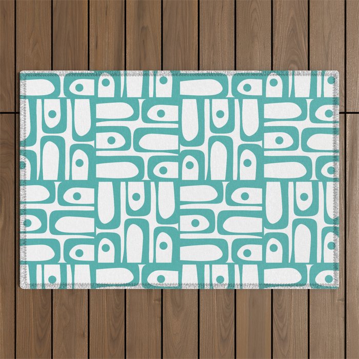Mid Century Modern Piquet Geometric Multi Pattern in Turquoise and White Outdoor Rug Gallery Image 1