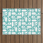 Mid Century Modern Piquet Geometric Multi Pattern in Turquoise and White Outdoor Rug Gallery Image 1
