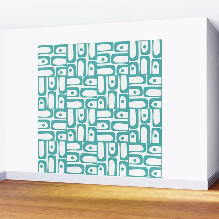 Mid Century Modern Piquet Geometric Multi Pattern in Turquoise and White Wall Mural Gallery Image 2