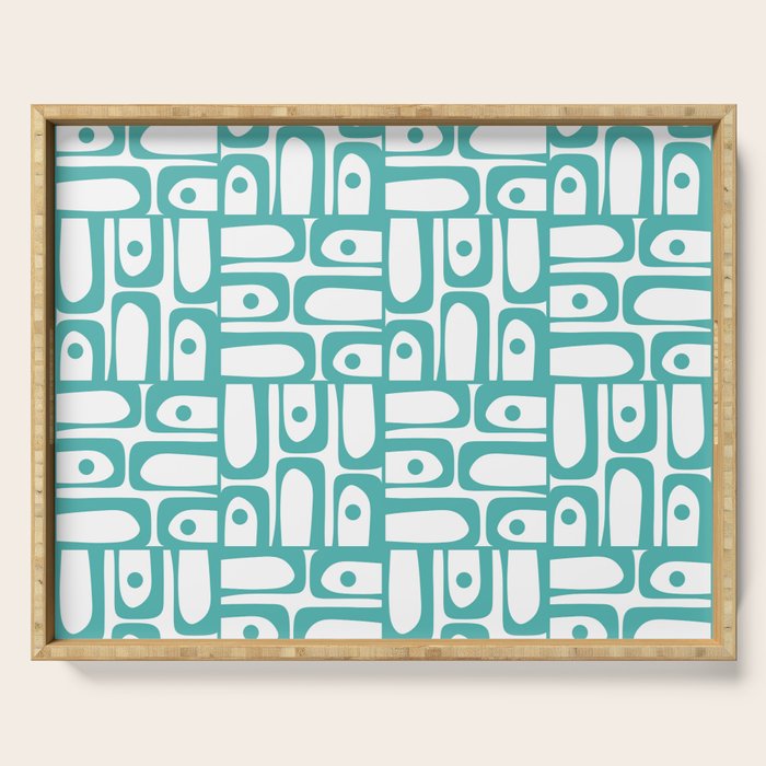 Mid Century Modern Piquet Geometric Multi Pattern in Turquoise and White Serving Tray Gallery Image 1