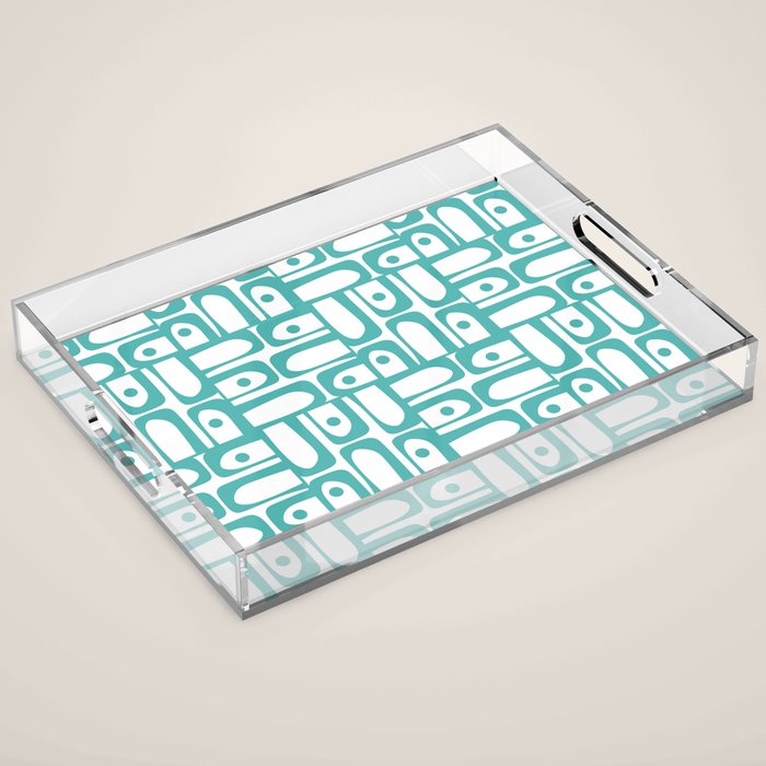 Mid Century Modern Piquet Geometric Multi Pattern in Turquoise and White Acrylic Tray Gallery Image 1
